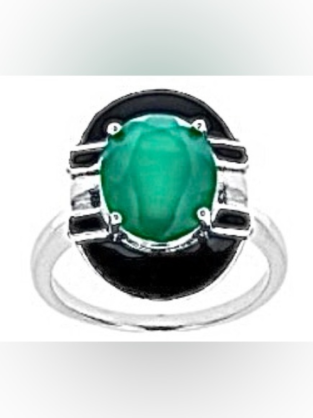 Green Onyx w Black Enamel Rhodium over Sterling Silver Ring Size 8
